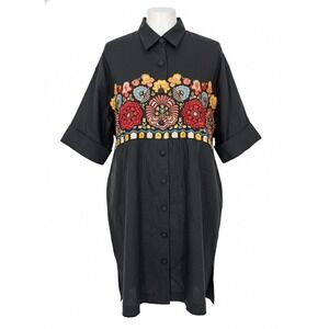 Andrea Jovine Black Linen Embroidered Floral Shirt Dress Tunic Size 14 - CJ
